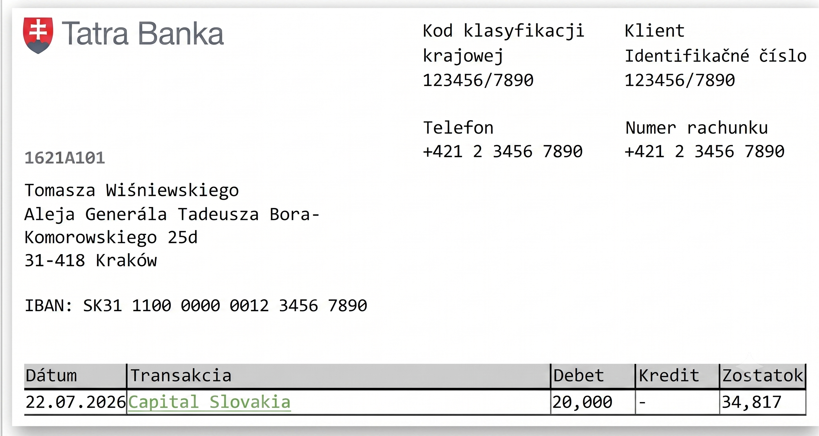 Bankový výpis - Capital Slovakia